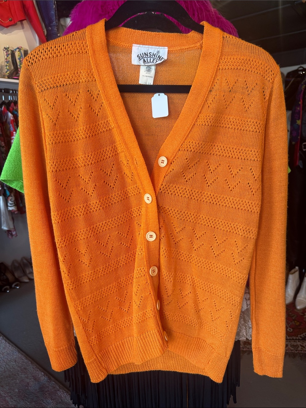 Vintage Sunshine Alley Orange Open-Knit Button Cardigan Sweater